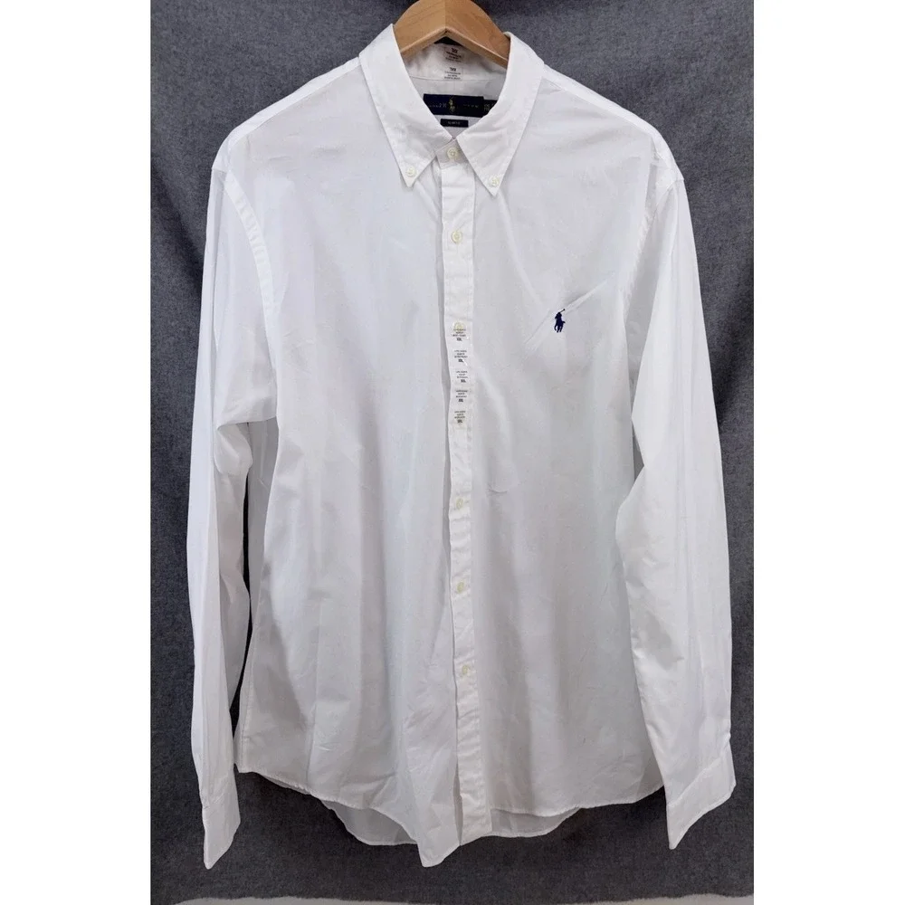 New Polo Ralph Lauren Men's XXL 2XL Slim Fit Solid White Button Down Blue Pony